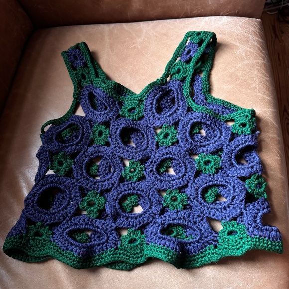 Handmade Blue & Green Crochet knit crop top floral - Picture 3 of 5
